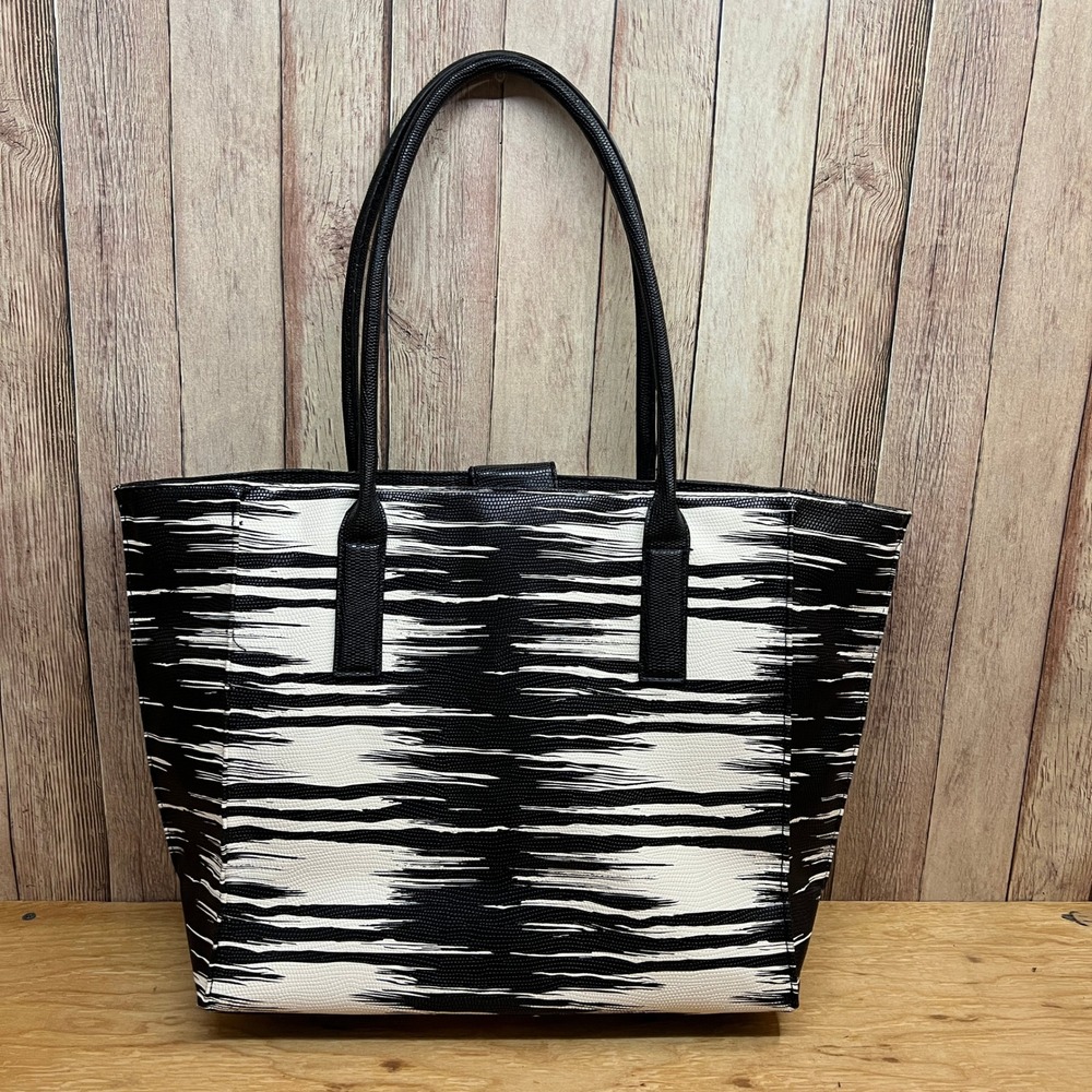 Black White Brushstroke Tote Bag Faux Lizard Embossed Leather Shoulder Purse